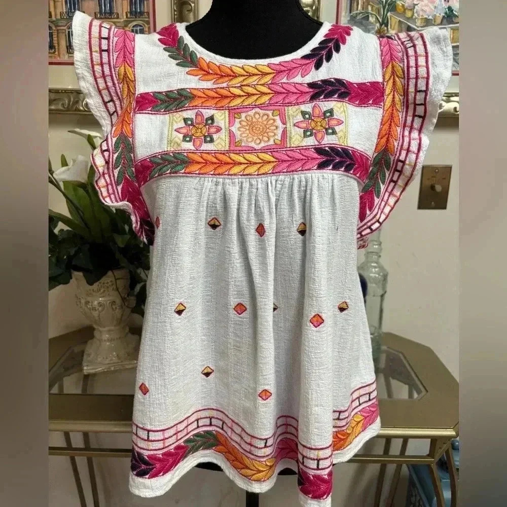 BOHO RUFFLE FLUTTER SLEEVE EMBROIDERED CASUAL SUMMER BABYDOLL TOP SIZE S